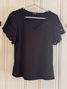 Cure Black V-Neck Eyelet Flutter Sleeve Blouse
